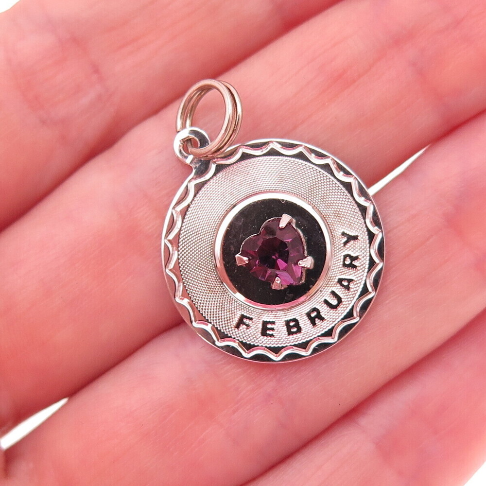 Spencer 925 Sterling Silver Vintage Hear-Cut Purple Rhinestone February Pendant